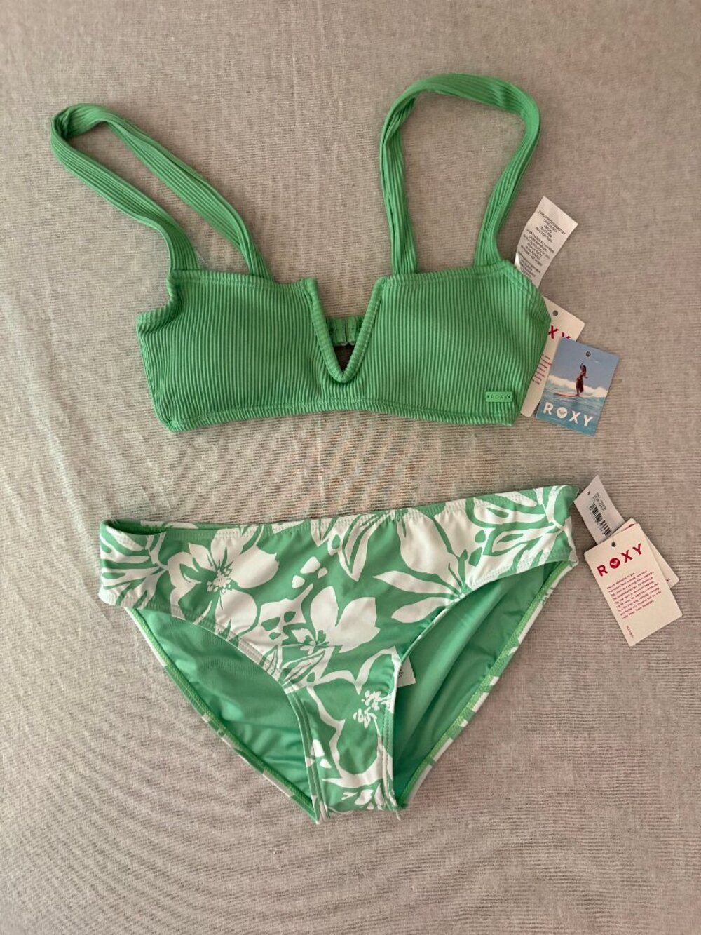 NWT Roxy Green Ribbed Floral Bikini Set L/S